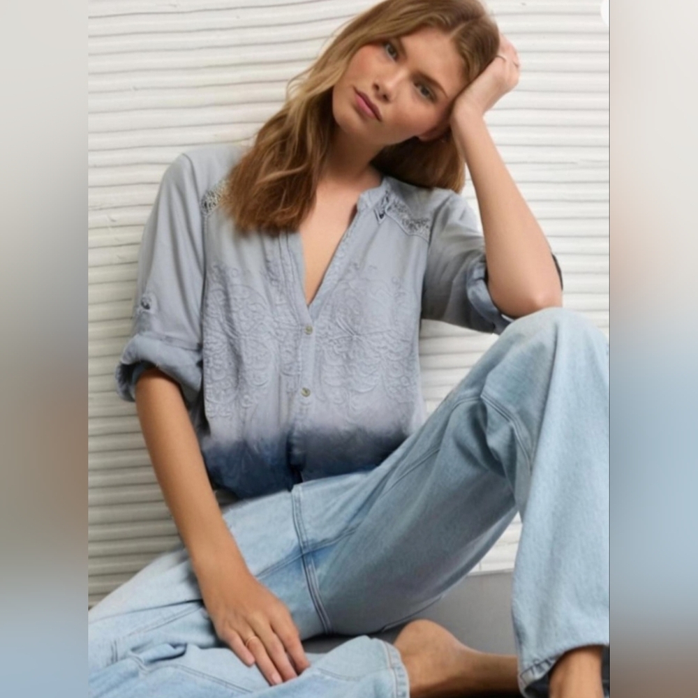 Anthropologie Tiny Gray Ombre And Lace Button-Down Shirt